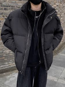 Winter Thickened Short Cotton Jacket Mens Black Stand Collar Outerwear Fashionable Loose Fit Youth Popular American Casual