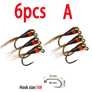 6pcs #16 Tungsten Bead Jig Nymph Fly Fast Sinking Wet Euro Perdigon Nymph Trout Perch Crappie Bluegill Fishing Lure Baits