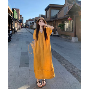 Yellow Loose V-Neck Linen Dress Women Summer New Lantern Sleeve Hollow Simple Casual Long Skirt Straight Tube Dress