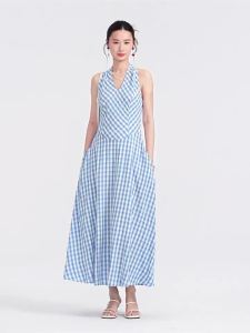 Blue Check V-Neck Halter Waist Tie Summer Dress