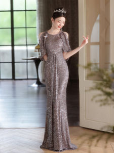 Elegant French Style Luxury Evening Dress For Women Sleeveless Long Gown With Sequins Formal Party Wedding Banquet Performance Daily Wear