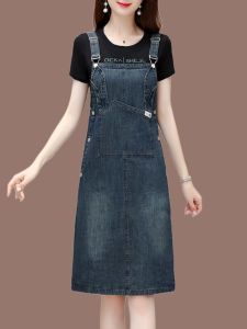 Elegant plus Size Denim Overalls Dress with Rabbit Ear Design Super Slimming Mommy Style Mid-Length A-Line Skirt for Women