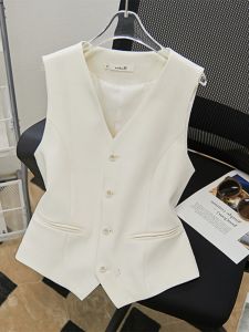 Womens Suit Vest Sleeveless Commute Casual Waist-Cinching Small Vest Fashionable V-neck Single-button Closure Solid Color