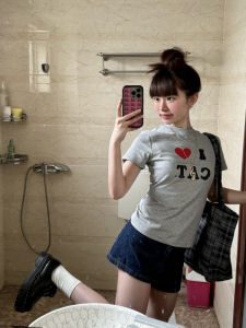 Gray Slim Fit Short Sleeve Womens T-shirt Chic Korean Design Sensation American Style Summer Cotton round Neck Top