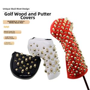 Golf Club Head Cover With Golden Nail Skull Studs for 1/3/5/UT Clubs