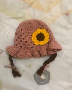 Kupluk bayi Anak wanita Rajut Sulam Rambut motif Bunga Matahari Usia 2bln -3 Tahun