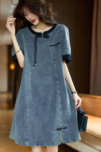 Váy Ngắn Tay Thời Trang Mùa Hè Cho Nữ Váy Denim Cỡ Lớn Phong Cách Mới Của Trung Quốc Váy Chữ a Cổ Chữ V Bằng Polyester