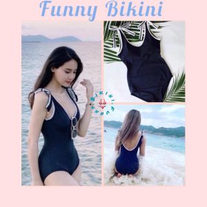 Bikini đồ bơi đi biển 1 mảnh viền trắng nơ vai FUNNY BIKINI MS-55
