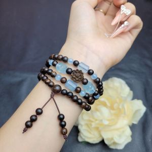 Q958 Chuỗi 4v Trầm Sánh 6li mix 2 lu thống 2 tỳ hưu Aquamarine + charm hoa sen Trầm Sánh ORD VIP - Phong Thuỷ TUDO