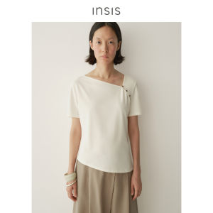 INSIS FEMME | Cotton and Wool Literary Chinese Style Slant Collar Crew Shoulder T-Shirt