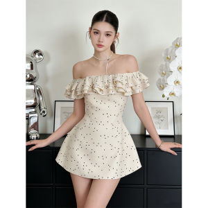 French Dot One-Shoulder Ruffled Elegant Dress