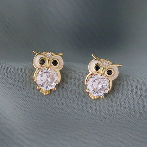 Huitan Gold Color Owl Stud Earrings Funny Cute Night Owl Earrings Women for Dance Party Cute Gift Luxury CZ Ear Jewelry