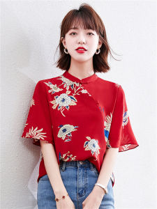 Retro Style Womens Shirt Stand Collar Chiffon Red Qipao Top Summer New Arrival Vintage Print Floral Short Sleeve Blouse