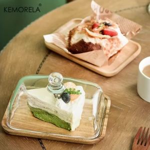 1PCS Cake Dessert Wood Plate With Glass Dust Cover Tray Restaurant Serving Dishserving Cheese Pudding Snack Kitchen Plate