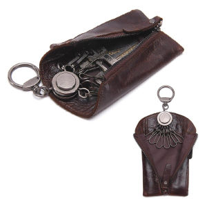 กระเป๋าใส่กุญแจหนังแท้พร้อมพวงกุญแจวินเทจกุญแจมีซิปกระเป๋ากุญแจที่เก็บกุญแจแม่บ้านที่คล้องกุญแจ