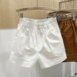 White Elastic Waist Wide Leg Pants Womens Summer Casual Versatile High Waist Shorts Trendy A-Line Hot Pants Pocket Detail
