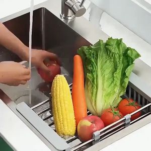 ตะกร้าล้างผักแบบยืดหยุ่นพร้อมระบบปรับระดับ สำหรับซิงค์ล้างจาน แข็งแรงทนทาน แบบพกพา HE0077