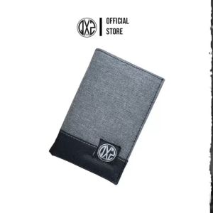 QXZ94 Dompet Pria Kulit Kanvas Kombinasi Motif Print Ukuran Tanggung 3/4 Lipat Kartu Polos Hitam Abu