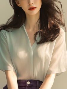 Mint Green V-Neck Womens Shirt Stylish French Unique Beautiful Summer New Fashion Commute Straight Cut Regular Thickness