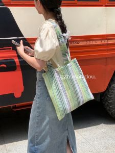 Summer Gradient Tassel Canvas Bag Vertical Stripes Colorful Dot Large Capacity Canvas Bag Small Size Single Shoulder Bag