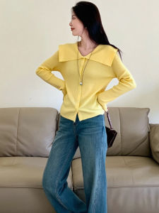 BINKAFENNY | Yellow Large Collar Ice Silk Knitted Cardigan Lightweight Air Conditioner Cover Up Sun Protection Summer Unique Beautiful Womens Outerwear