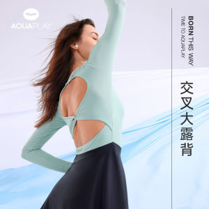 AquaPlay womens new green long sleeved hollow back one-piece swimsuit for slimming and sun protection rashguard surfing swimsuit