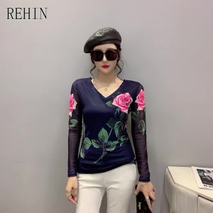 REHIN Fashionable Spring Floral Mesh Print V-Neck Long Sleeve T-Shirt – Slim Fit & Chic Womens Top
