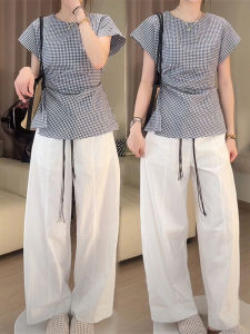 Shalldoer | Summer Fashion Plaid Shirt Belt High Waist Wide Leg Pants Womens Two-Piece Set Ageless Waist-Cinching Tie-Detail Outfit
