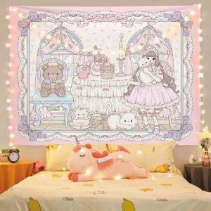 VIKAMA Forest Rabbit Bear Afternoon Tea Tapestry Wall Art for Bedroom Living Room Decoration Pink Bow Tulip Fairy Tale Cute