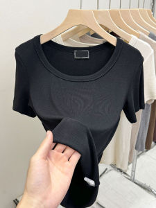 Stylish Red Shoulder Low Collar Tops Womens Summer 2024 Slim Thread Stretch Casual U Collar Short Sleeve T-shirt