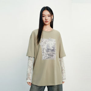 PEACEBIRD | Patterned Loose Long Sleeve T-Shirt with Lace Layer