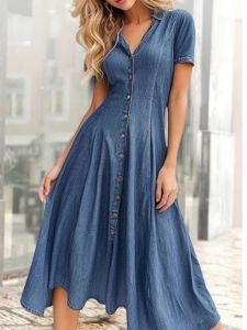 Cross-Border Fashion AliExpress Fashion Summer New Arrival V-neck Single Breasted Casual Mid Length Long Length Short Sleeve Denim Dress