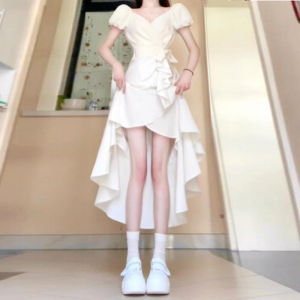 CHANGTONG | French Gentle Style Bubble Sleeve Dress Waist Cinched Beautiful Slimming White Skirt Soft Fabric Short Sleeve V-Neck A-Line Dress
