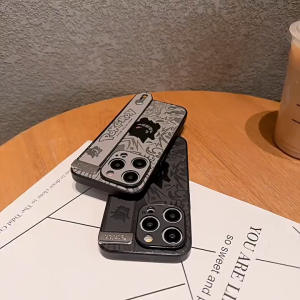 Cool Cartoon Gengar Laser Leather Wristlet Anti-fall Phone Case For iPhone 16 15 14 Pro Max Plus 13 12 11 Pro Max Fashion Anti-sweat Anti-slip Phone Cover Creative Embossing Phone Casing With Wristband Stand Holder