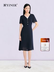YINER | Elegant Beaded V-Neck Blended Acetate Waist-cinching Dress