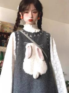 Áo Vest Len Màu Xám Dài Vừa Phải Áo Vest Thỏ Dễ Thương Áo Len Dệt Kim Thủ Công Thời Trang Cao Cấp Áo Vest Cổ Tròn Dài Vừa Phải