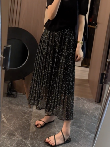 MANMI | Quần Dài Chiffon Đen Đốm Tròn Thoải Mái Đa Năng