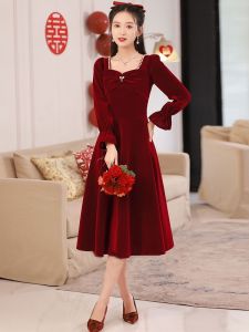 Wedding Dress Red Wine Color French Style Elegant Bride Dress Womens Fashion Small Size Autumn Winter Marriage Ceremony