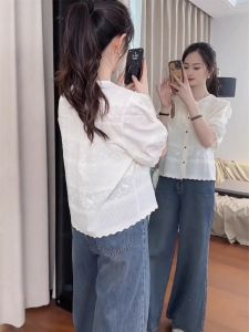 SHIMO | French Embroidery Short Sleeve Lightweight Loose Fit Womens Shirt