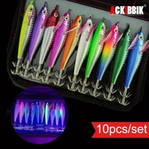 Ackibbik 10pcs Glow Squid Jig Lures Saltwater Luminous Squid Bait Hooks Fishing Shrimp Prawn Lures for Cuttlefish Octopus