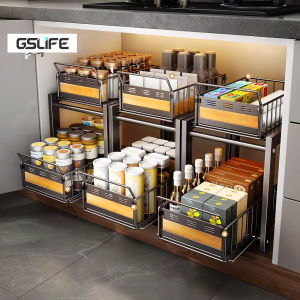 GSlife Carbon Steel Pull-Out Under Sink Organizer Storage Rack Kitchen Cabinet with Sliding Organizers Shelves Condiment Seasoner Racks