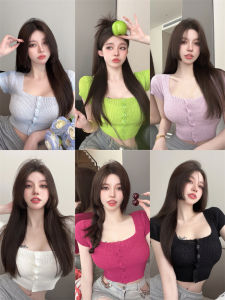Square Neck Short Sleeve Knit Sweater Sweet Hot Short Slim Fit All-match Top