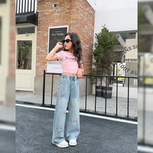 Jeans Pants for Kids Girls High Quality Denim Pants Love Maong JeansLoose Baggy Pants7-16yrs Korean