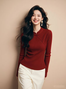 Chinese Style Wedding Engagement Party Light National Trend Womens Knitted Sweater with Button Design Slim Fit Base Shirt