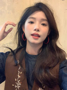 [My Face Is round] Retro Hong Kong Style Red Dripping Oil Big Ear Ring Elegant Fall and Winter Ankela Red Simple Bracelet Earrings