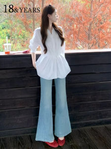 Light Wash High Waist Bell Bottom Jeans Womens Autumn Winter New Style Casual Loose Fit Denim Pants Ladies Fashion 2025