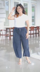 NHN JEANS - CELANA KULOT JEANS WANITA PINGGANG FULL KARET VARIASI TALI AKTIF WARNA SNOW BLACK SIZE L XL XXL KULOT JEANS DEWASA JAITAN BAWAH LIPAT