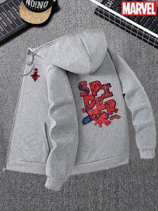 A Mens Black Zipper Hoodie with A Spider-Man Graphic and Sleeve Logo Casual Sweatshirt Worn on The Street Byfans of Superheroes