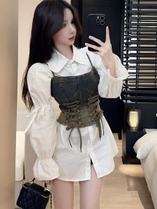 Cool Spice สไตล์เกาหลี ชุดสองชิ้น ผู้หญิง เดนิม เข็มขัดผูก เสื้อกล้าม เสื้อกั๊ก Plus เดรสเชิ้ต สูง เอว กระโปรงทรงเอ แขนยาว