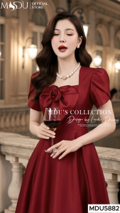 Váy Thiết Kế MDU5882 Lụa Twist Satin Đỏ Đô Dáng Xòe Midi Đính Hoa Quý Phái